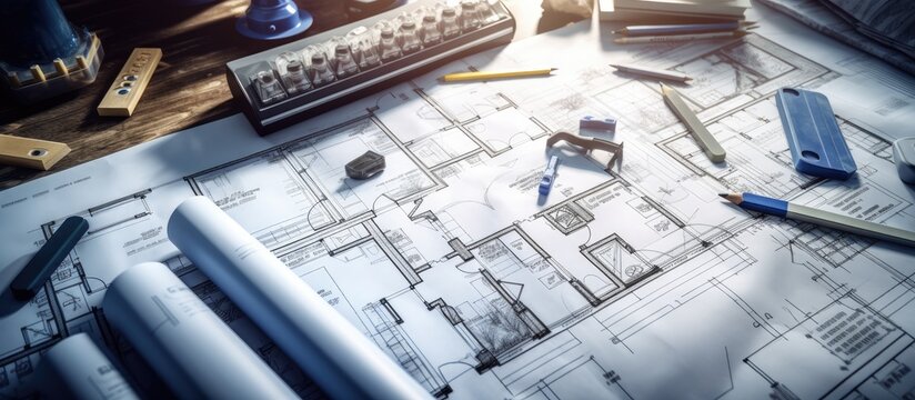The top view of an architects workplace includes architectural project blueprints, blueprint