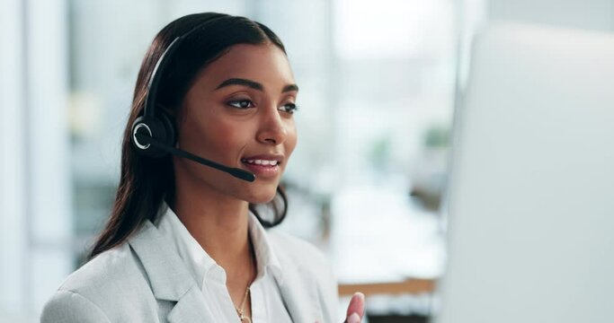 Customer service, computer video call and happy woman consulting in sales telemarketing, telecom or explain advice. Insurance agent, online webinar conference and female consultant talk in callcenter