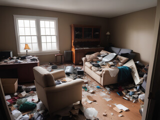 Photograph of a cluttered living space filled with trash debris broken furniture