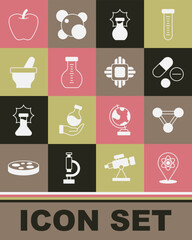 Set Atom, Molecule, Medicine pill or tablet, Explosion the flask, Test tube, Mortar and pestle, Apple and Processor CPU icon. Vector