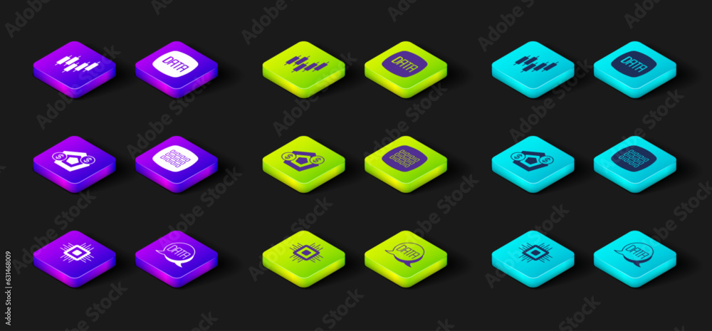 Poster set processor cpu, data analysis, financial growth, binary code, and browser with stocks market icon