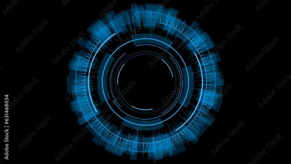 Poster circle hud blue holgoraphic futuristic animation with motion spinning around transparent background.
