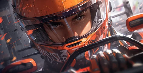 Foto op Canvas Formula 1 driver close-up portrait wearing a racer helmet during a high speed competition - Generative AI © RobertNyholm