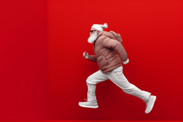 red man santa fast run gift holiday christmas isolated claus present. Generative AI.