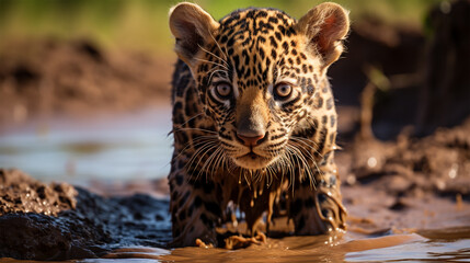 photo of jaguar pup on the riverside in brazil, brazilian feline in the amazon