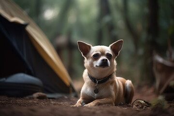 A Chihuahua dog is lying in a tourist camp next to a tent in the woods. The concept of traveling with a pet