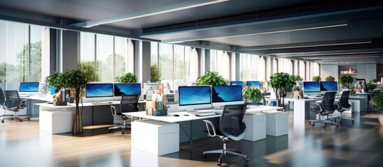A modern office with desks filled with computers and laptops, suitable for casual work. ample - obrazy, fototapety, plakaty