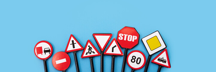 road signs banner, traffic laws, road rules, driving safety, speed limits