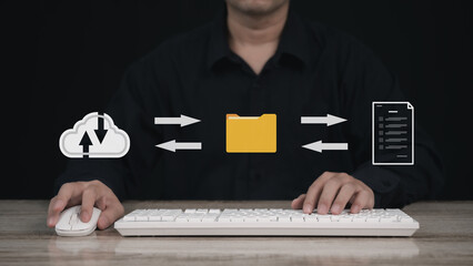 Encryption with file transfer concept : Business man use laptop for remote and download or upload...