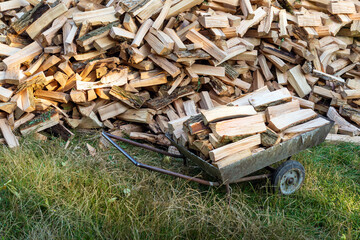 A full wheelbarrow of firewood in front of a large pile in the village for storage. The trees were cut down and split into firewood for use in stoves.
