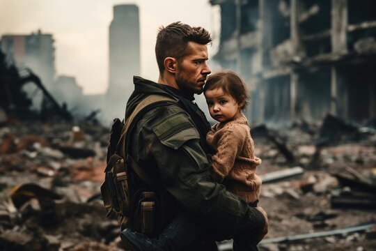 Brave soldier tenderly holds a small child in their arms