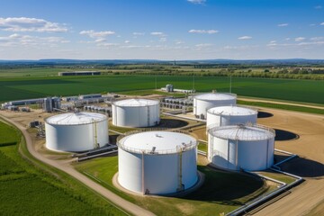 Tank farm with rows of oil storage tanks.