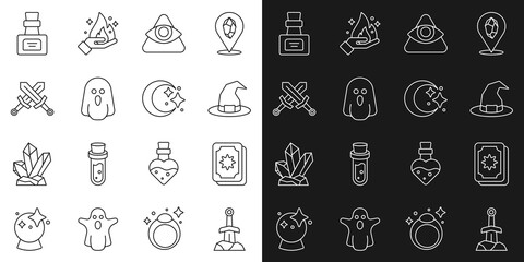 Set line Sword in the stone, Tarot cards, Witch hat, All-seeing eye of God, Ghost, Crossed medieval sword, Bottle with potion and Moon and stars icon. Vector