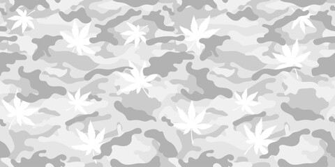 Arctic camouflage pattern for clothing design. Trendy camouflage military pattern with cannabis leafs