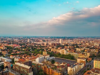 Aerial view of the skyline of a modern cityscape of business skyscrapers. Palazzo Lombardy Region,...