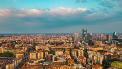 Naklejka premium Aerial view of the skyline of a modern cityscape of business skyscrapers. Palazzo Lombardy Region, unicredit tower and UnipolSai, vertical forest. Biblioteca degli Alberi Drone. Milan Italy.