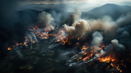 Aerial view of mountain forest fire. Generative AI