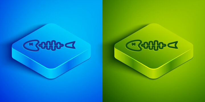 Isometric line Fish skeleton icon isolated on blue and green background. Fish bone sign. Square button. Vector