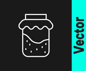 White line Jam jar icon isolated on black background. Vector