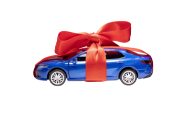 a gift car wrapped in ribbon bow isolated