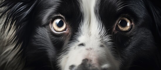 young Border Collie dog with wide eyes and a banner with copy space on the left side. also a