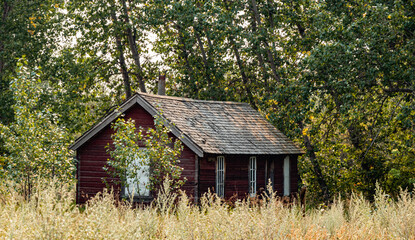 Rustic forgotten houses in the Ghost Town of Lehigh, Alberta, Canada