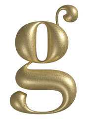 Letter G realistic gold 3d texture. Metal, inflate, lower case g serif font, isolated on transparent background.