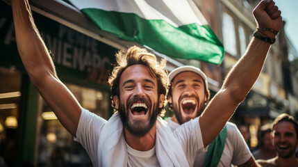Excited sports fans wearing green and white clothes celebrating the victory of their team. People chanting and cheering for their soccer team. Young people watching football match.