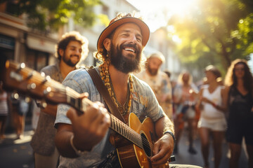 Cheerful street musicians performing in city park on sunny summer day. Performer playing a guitar. People gathering in the background.