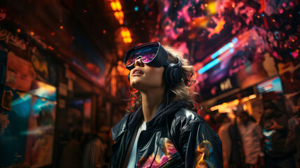 Woman in futuristic clothes wearing modern VR goggles having virtual reality experience. Augmented reality game, future technology, AI concept. Neon purple light.