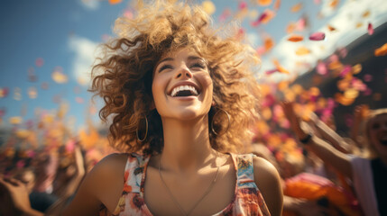 Beautiful young woman having fun at colourful music festival. Happy girl enjoying herself and dancing. Summer holiday, vacation concept.