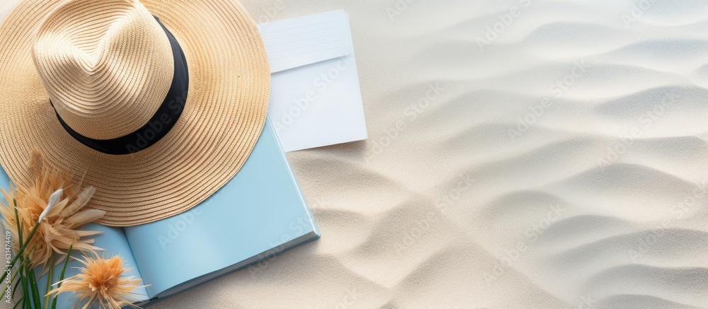 Poster a writing book with summer beach accessories on a background with copy space, perfect for a