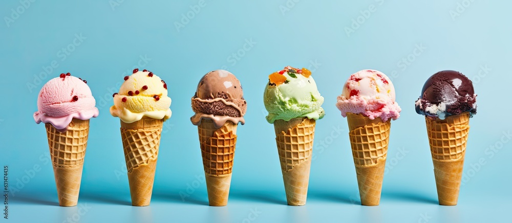 Poster top view of colorful ice cream scoops in cones with copy space on a blue background. the ice