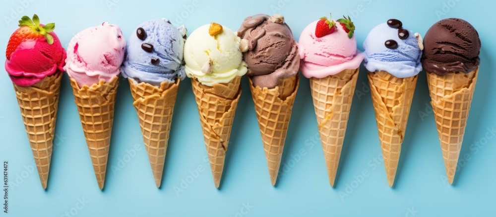 Poster top view of colorful ice cream scoops in cones with copy space on a blue background. the ice