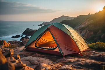 Colourful tent set on a top of the cliff on an ocean coast on summer evening. Enjoying scenic views during an overnight hike. Hiking and trekking on a nature trail.