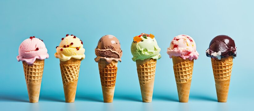 Top view of colorful ice cream scoops in cones with copy space on a blue background. The ice