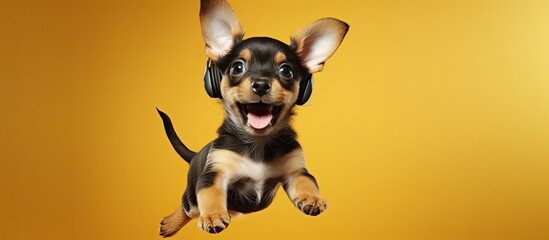 A dog puppy with funny ears is happily jumping and listening, illustrating an obedient, trained