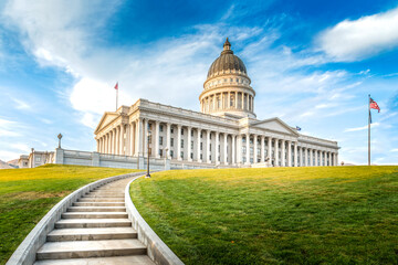 Utah state capitol in Salt Lake City with American flag on top