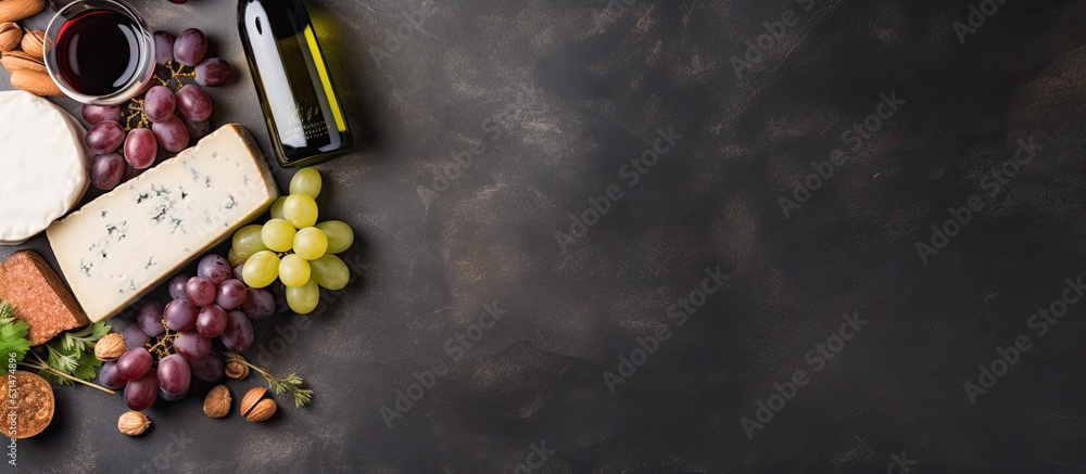 Poster red and white wine bottles, grape, cheese and sausages over stone table. top view with copy