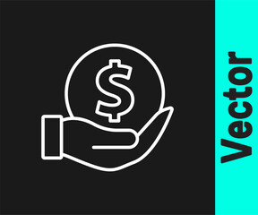 White line Money with shield icon isolated on black background. Insurance concept. Security, safety, protection, protect concept. Vector