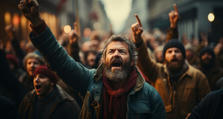 Group of protesters with their fists raised up in the air. Activists protesting on the street. People publicly demonstrating opposition. Gloomy city scenery.