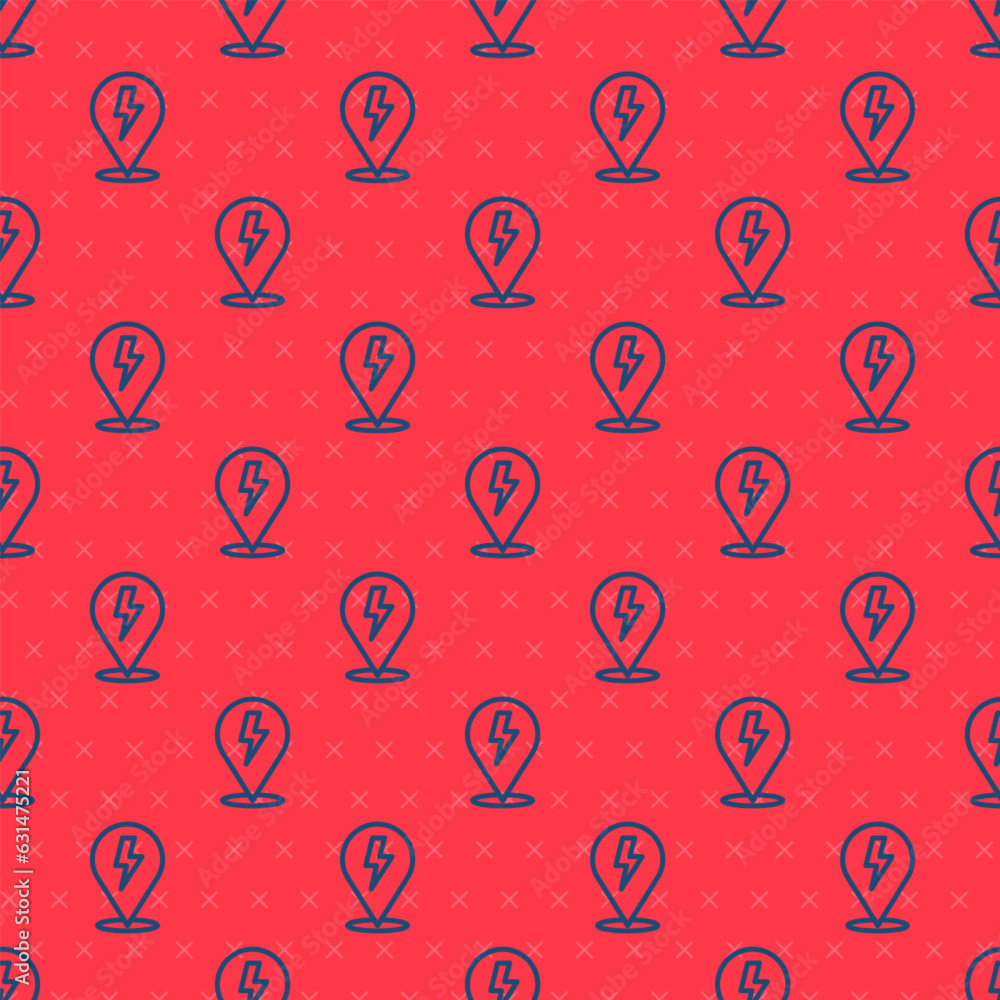 Poster blue line lightning bolt icon isolated seamless pattern on red background. flash sign. charge flash 