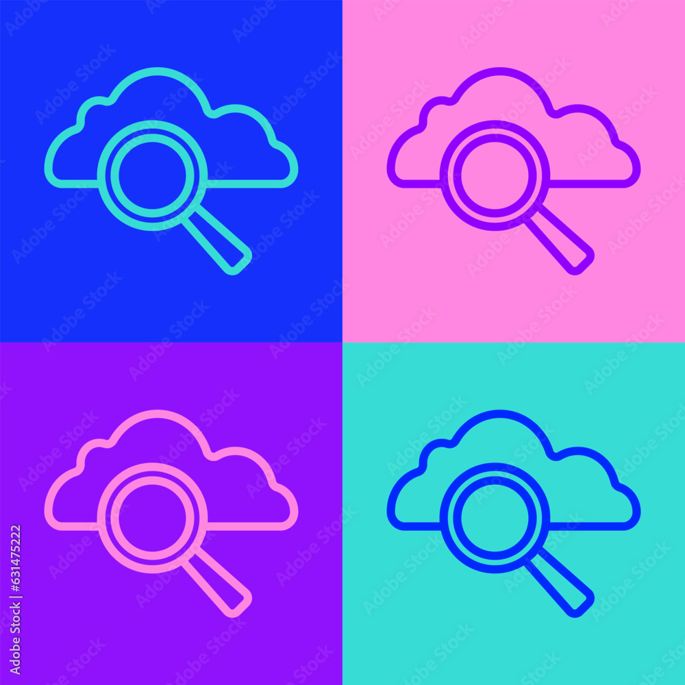 Poster pop art line search cloud computing icon isolated on color background. magnifying glass and cloud. v