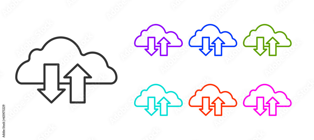 Poster black line cloud download and upload icon isolated on white background. set icons colorful. vector