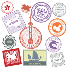 Set of postal China stamps, flag badges, China symbols label prints and hong kong emblem, vector
