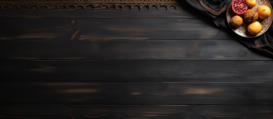Obraz na płótnie Canvas Top view of a black wooden table with Ramadan Islamic and Arabian traditional fabrics, providing