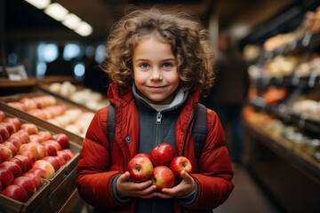 Fototapeta premium Little girl holding fresh red apples in grocery store. Child choosing fruits and vegetables in food shop. Kid buying food in grocery supermarket.
