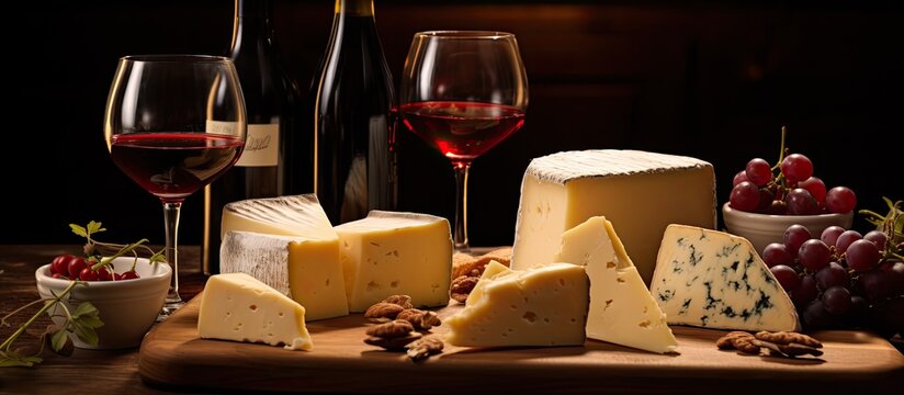 assortment of cheese on a board and red and white wine. room for additional copies.