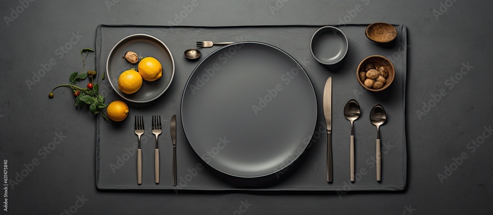 Aufkleber A gray table with no food but with cutlery on top when viewed from above.