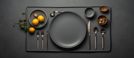 A gray table with no food but with cutlery on top when viewed from above.